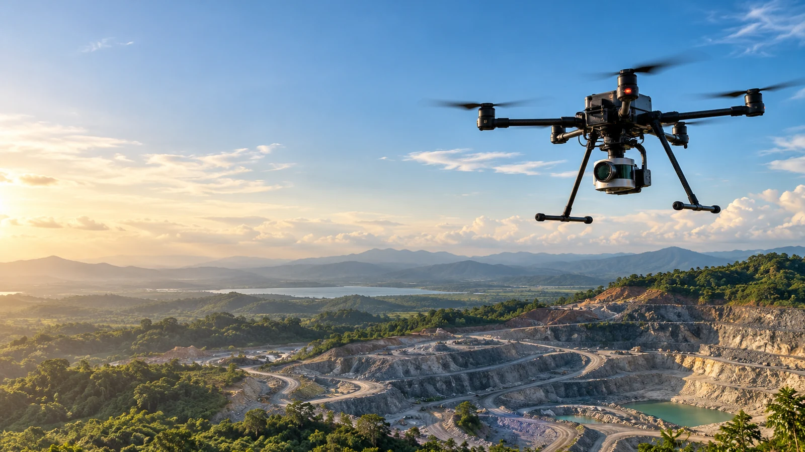 Ilustrasi drone LiDAR untuk survei dan pemetaan wilayah pertambangan